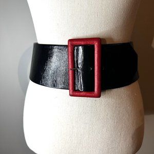 COPY - Isabel Canovas Couture Shiny Leather Belt w Red Buckle 1980s